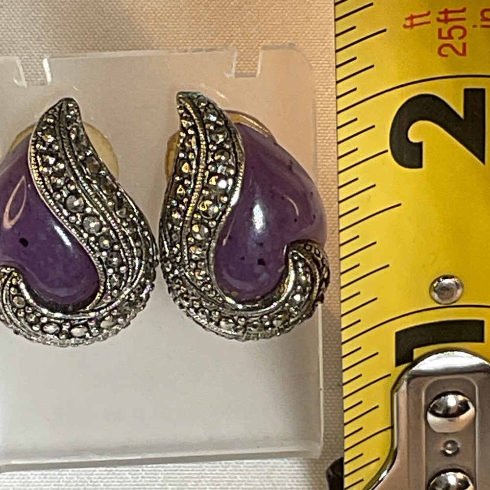 💜 Vintage Sterling Silver Marcasite & Amethyst Earrings – Pierced 💜 - Picture 2 of 5